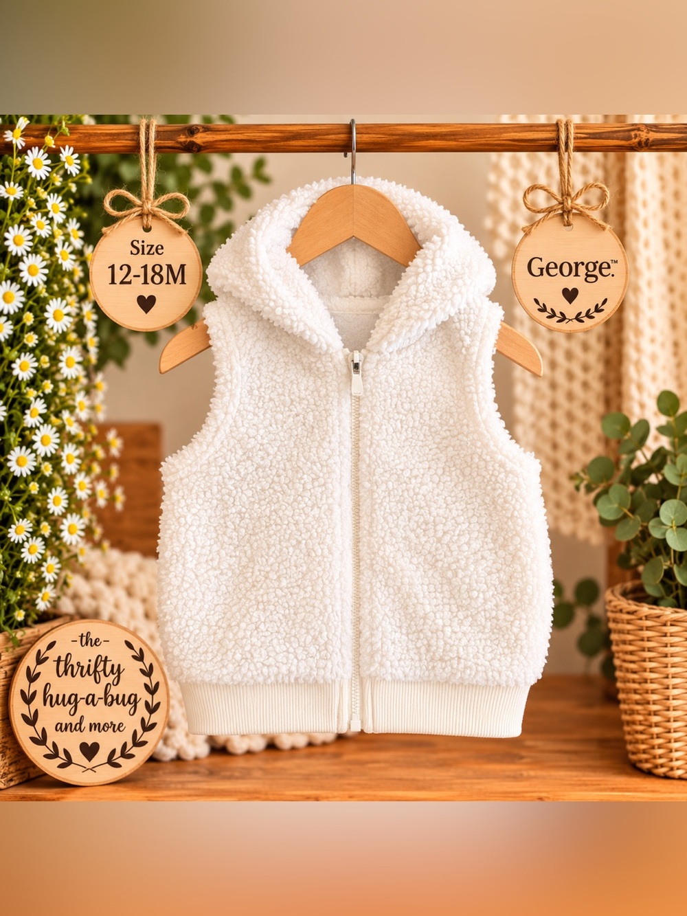 George Baby Sherpa Hooded Vest 12–18M | Cream Teddy Fleece Zip-Up